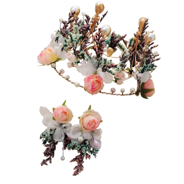 Flower Fairy Gold Artificial Flowers Bridal Jewelry 2019 Metal Crystal Pearl Flower Tiara Earrings Accessories