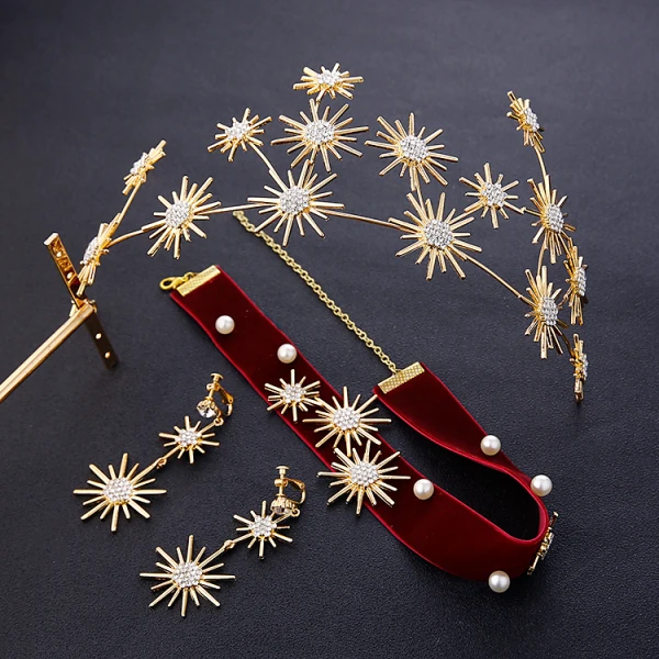 Chic / Beautiful Gold Bridal Jewelry 2019 Metal Tiara Earrings Burgundy Necklace Rhinestone Wedding Accessories