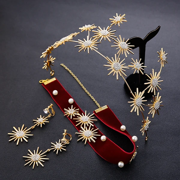Chic / Beautiful Gold Bridal Jewelry 2019 Metal Tiara Earrings Burgundy Necklace Rhinestone Wedding Accessories