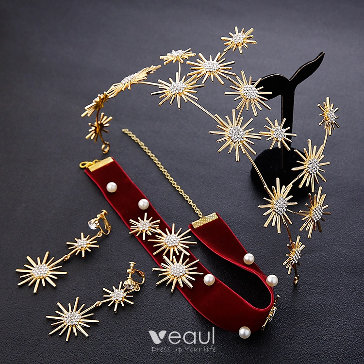 Chic / Beautiful Gold Bridal Jewelry 2019 Metal Tiara Earrings Burgundy Necklace Rhinestone Wedding Accessories