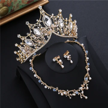 Fine Gull Tiara Øredobber Halskjede Beading Rhinestone 2019 Metall Brudesmykker Tilbehør