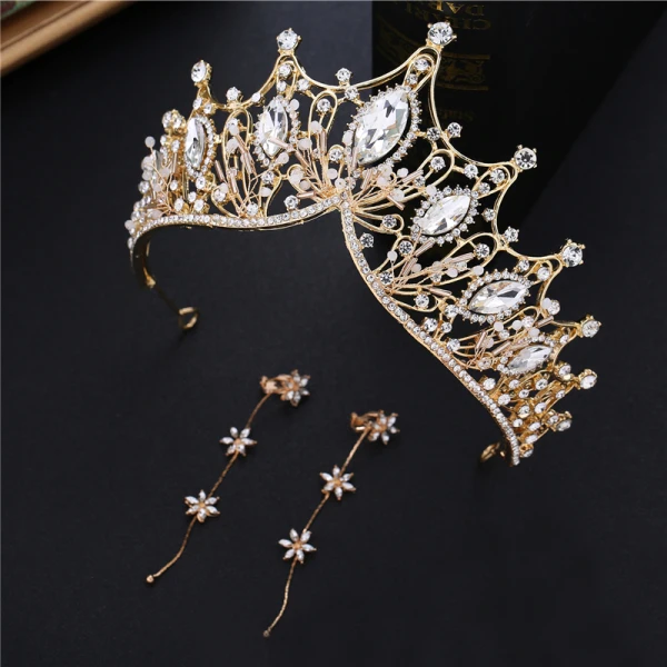 Chic / Beautiful Gold Tiara Earrings Necklace Beading Rhinestone 2019 Metal Bridal Jewelry Accessories