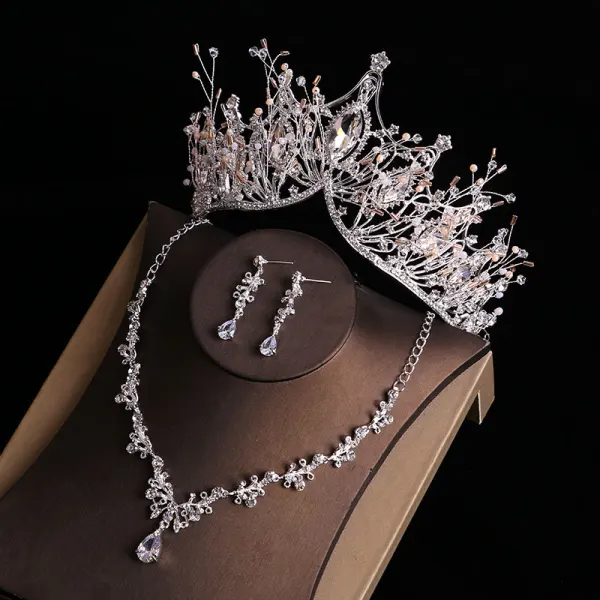 Fine Gull Tiara Øredobber Blomst Halskjede Brudesmykker 2019 Metall Rhinestone Beading Bryllup Tilbehør