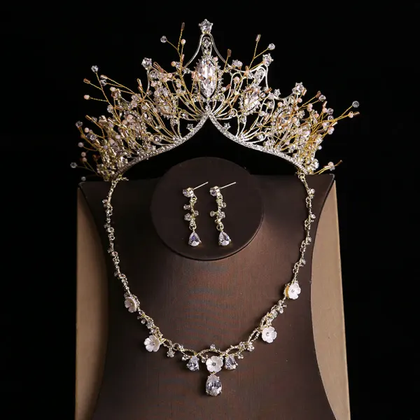 Fine Gull Tiara Øredobber Blomst Halskjede Brudesmykker 2019 Metall Rhinestone Beading Bryllup Tilbehør
