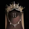 Chic / Beautiful Gold Tiara Earrings Flower Necklace Bridal Jewelry 2019 Metal Rhinestone Beading Wedding Accessories