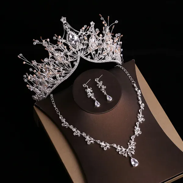 Fine Gull Tiara Øredobber Blomst Halskjede Brudesmykker 2019 Metall Rhinestone Beading Bryllup Tilbehør