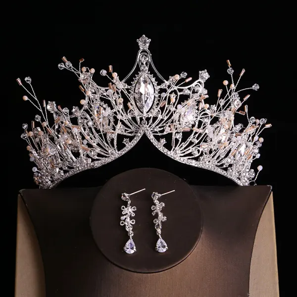 Fine Gull Tiara Øredobber Blomst Halskjede Brudesmykker 2019 Metall Rhinestone Beading Bryllup Tilbehør