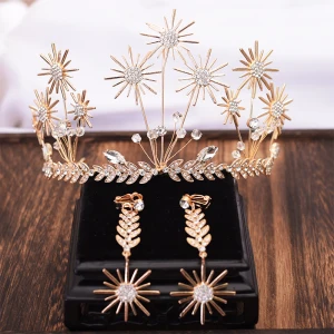 Fantastiske Unike Gull Blad Tiara Øredobber Brudesmykker 2019 Metall Krystall Rhinestone Tilbehør