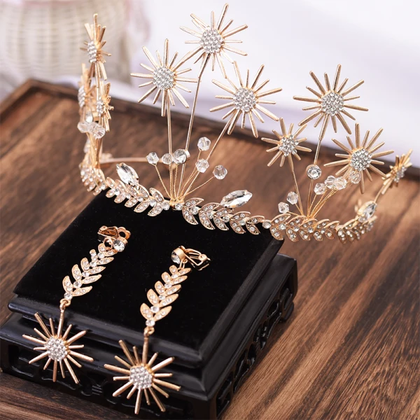 Amazing / Unique Gold Leaf Tiara Earrings Bridal Jewelry 2019 Metal Crystal Rhinestone Accessories