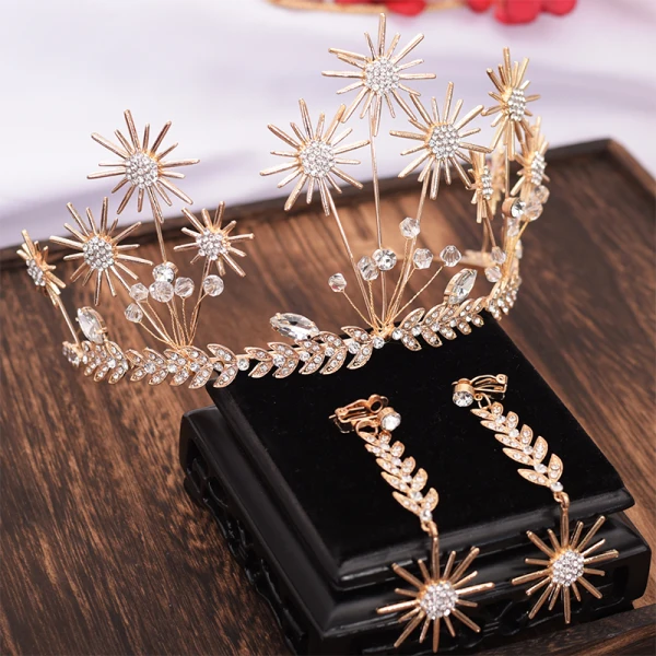 Amazing / Unique Gold Leaf Tiara Earrings Bridal Jewelry 2019 Metal Crystal Rhinestone Accessories