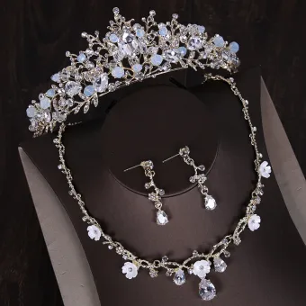 Chic Beautiful Silver Tiara Earrings Flower Necklace Bridal Jewelry 2019 Metal Crystal Rhinestone Wedding Accessories