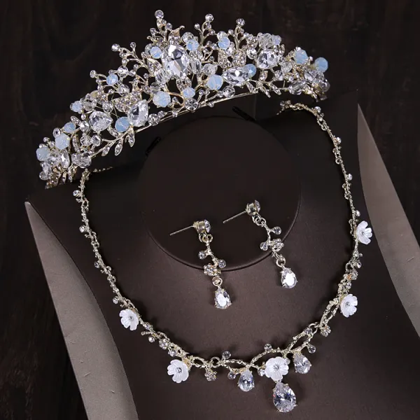 Flower Fairy Gold Artificial Flowers Bridal Jewelry 2019 Metal Crystal  Pearl Flower Tiara Earrings Accessories