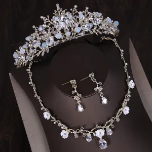 Chic Beautiful Silver Tiara Earrings Flower Necklace Bridal Jewelry 2019 Metal Crystal Rhinestone Wedding Accessories