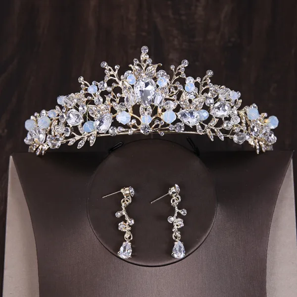 Chic / Beautiful Silver Tiara Earrings Flower Necklace Bridal Jewelry 2019 Metal Crystal Rhinestone Wedding Accessories