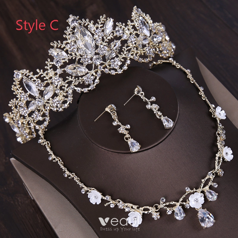 Flower Fairy Gold Artificial Flowers Bridal Jewelry 2019 Metal Crystal  Pearl Flower Tiara Earrings Accessories