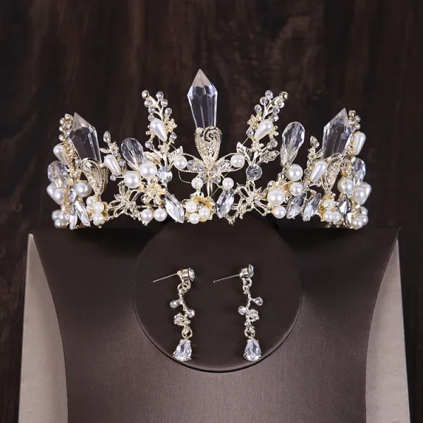 Chic / Beautiful Silver Tiara Earrings Flower Necklace Bridal Jewelry 2019 Metal Crystal Rhinestone Wedding Accessories