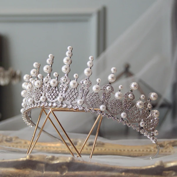 Luksusowe Srebrny Tiara Ślub Akcesoria 2019 Stop Cyrkon Perła Ozdoby Do Włosów Ślubne