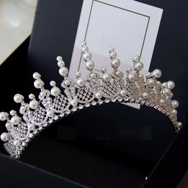 Luksusowe Srebrny Tiara Ślub Akcesoria 2019 Stop Cyrkon Perła Ozdoby Do Włosów Ślubne