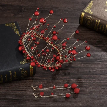 Charmant Bordeaux Parel Tiara Oorbellen Huwelijk Accessoires 2019 Metaal Bruidssieraden