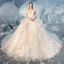 Chic / Belle Champagne Robe De Mariée 2019 Robe Boule Bretelles Spaghetti Sans Manches Dos Nu Glitter Tulle Appliques En Dentelle Chapel Train Volants en Cascade
