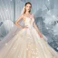 Chic / Belle Champagne Robe De Mariée 2019 Robe Boule Bretelles Spaghetti Sans Manches Dos Nu Glitter Tulle Appliques En Dentelle Chapel Train Volants en Cascade