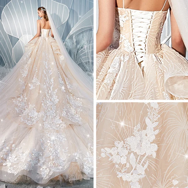 Chic / Belle Champagne Robe De Mariée 2019 Robe Boule Bretelles Spaghetti Sans Manches Dos Nu Glitter Tulle Appliques En Dentelle Chapel Train Volants en Cascade