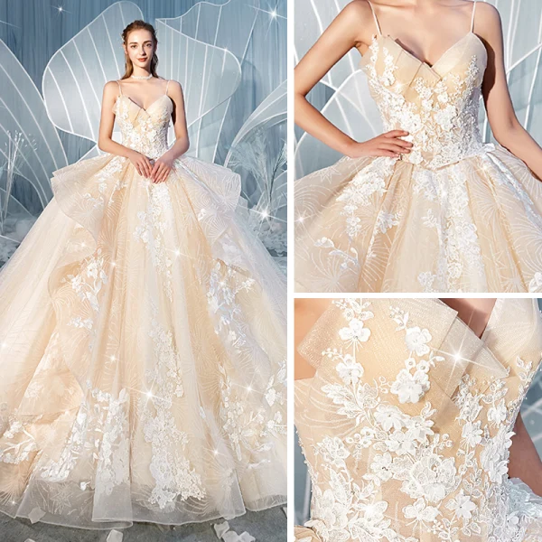 Chic / Belle Champagne Robe De Mariée 2019 Robe Boule Bretelles Spaghetti Sans Manches Dos Nu Glitter Tulle Appliques En Dentelle Chapel Train Volants en Cascade