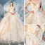 Chic / Belle Champagne Robe De Mariée 2019 Robe Boule Bretelles Spaghetti Sans Manches Dos Nu Glitter Tulle Appliques En Dentelle Chapel Train Volants en Cascade