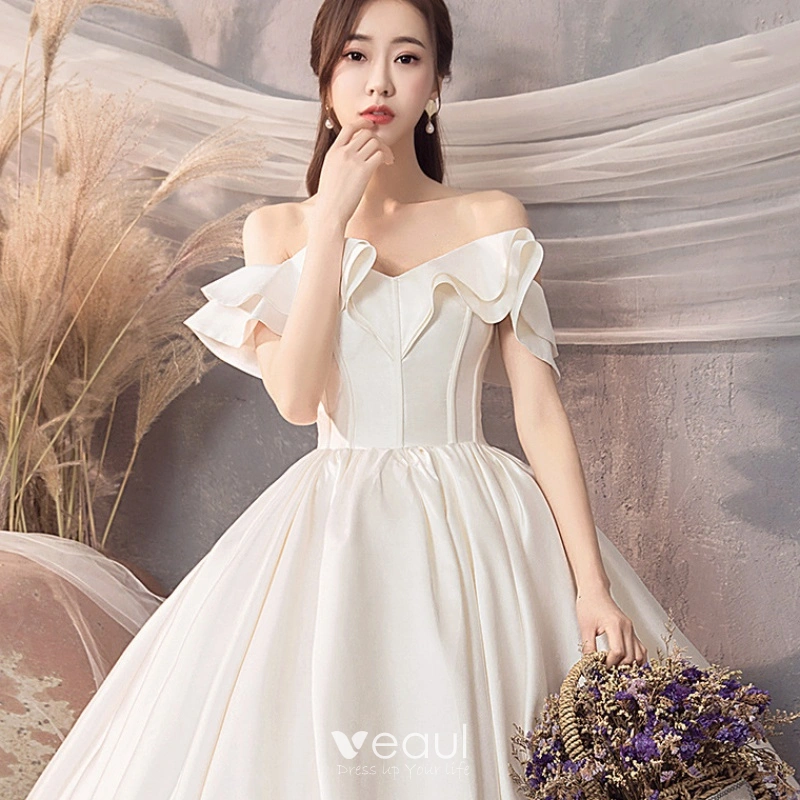 Modest Simple Ivory Satin Wedding Dresses 2019 A Line Princess Off The Shoulder Short Sleeve Backless