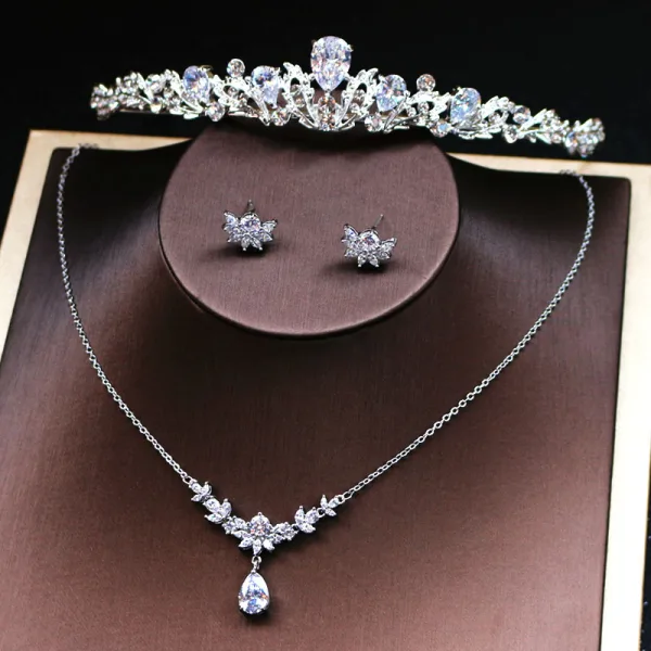 Parure Bijoux Femme Mariage - Collier, Boucles D'Oreilles Et Tiare Avec Cristaux Et Perles