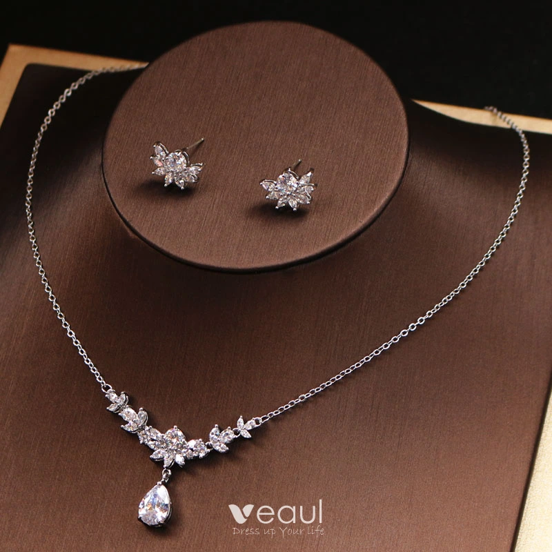 Parure De Collier Et Boucles D'Oreilles EVER FAITH® En Zirconium - Cercle Fleuri, Ton Argent Clair, Longueur Collier 44.5 Cm