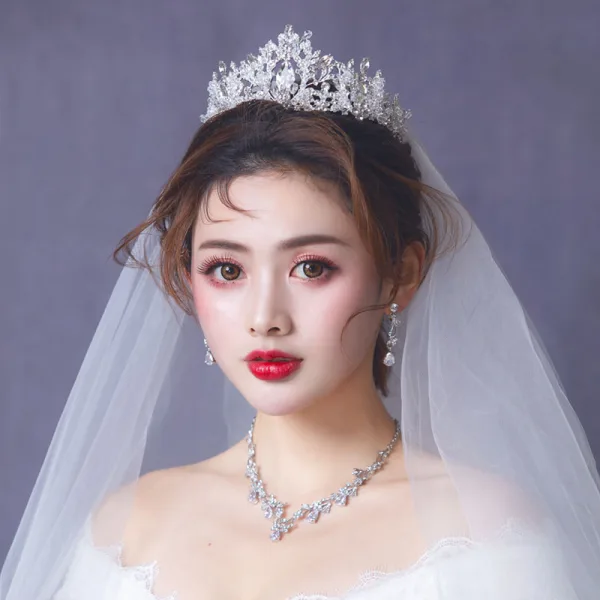Chic / Beautiful Silver Bridal Jewelry 2019 Metal Earrings Necklace Tiara Crystal Rhinestone Wedding Accessories
