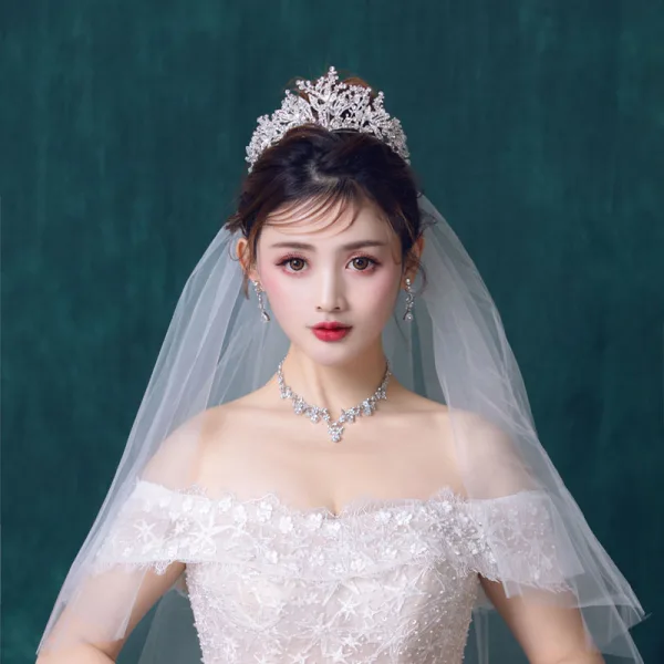 Chic / Beautiful Silver Bridal Jewelry 2019 Metal Earrings Necklace Tiara Crystal Rhinestone Wedding Accessories