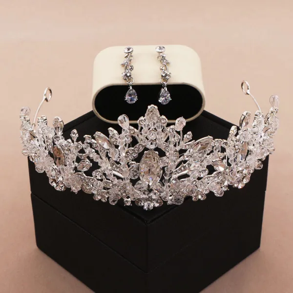 Chic / Beautiful Silver Bridal Jewelry 2019 Metal Earrings Necklace Tiara Crystal Rhinestone Wedding Accessories