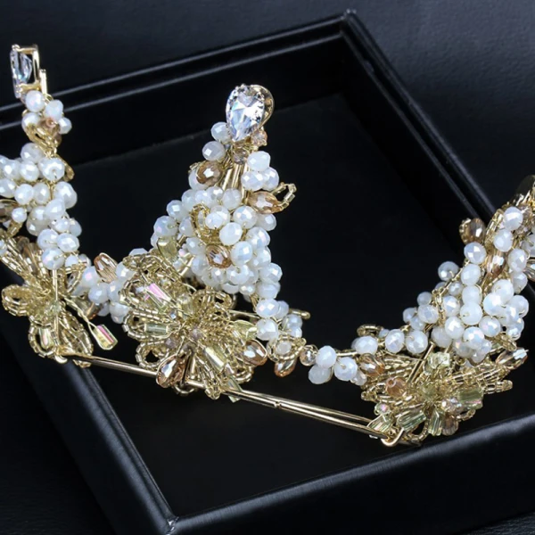 Snygga / Fina Guld Tiara Beading Bröllop Tillbehör 2019 Metall Brud Huvudbonad