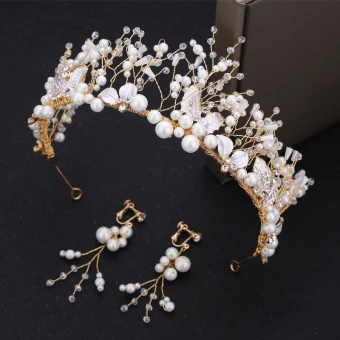 Chic Beautiful Gold Bridal Jewelry 2019 Metal Tiara Earrings Ivory Pearl Crystal Rhinestone Beading Wedding Accessories