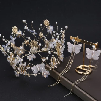 Flower Fairy Gold Bridal Jewelry 2019 Metal Butterfly Flower Rhinestone Pearl Tiara Tassel Earrings Accessories