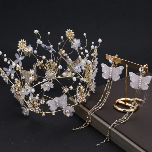 Blumenfee Gold Brautschmuck 2019 Metall Schmetterling Blumen Strass Perle Diadem Quaste Ohrringe Brautaccessoires