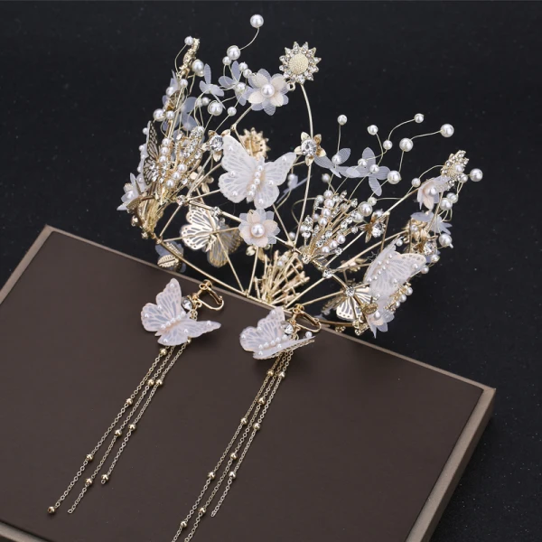 Flower Fairy Gold Bridal Jewelry 2019 Metal Butterfly Flower Rhinestone Pearl Tiara Tassel Earrings Accessories