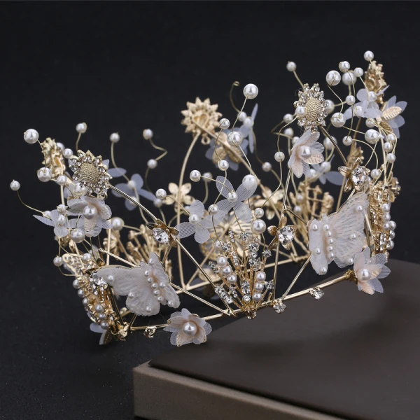 Flower Fairy Gold Bridal Jewelry 2019 Metal Butterfly Flower Rhinestone Pearl Tiara Tassel Earrings Accessories
