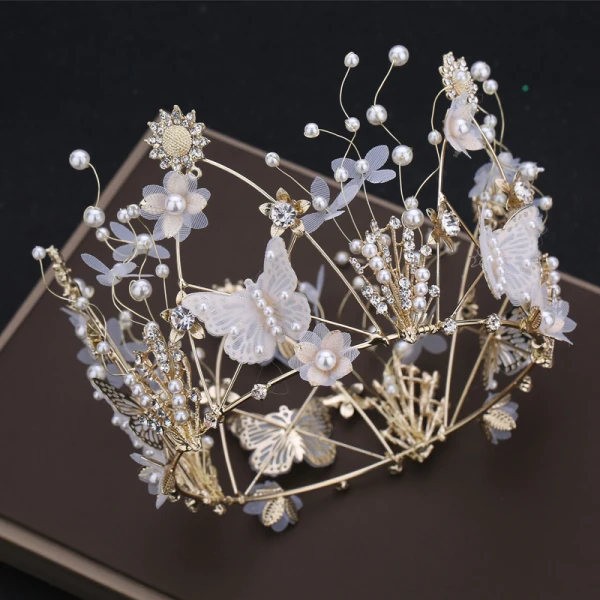Flower Fairy Gold Bridal Jewelry 2019 Metal Butterfly Flower Rhinestone Pearl Tiara Tassel Earrings Accessories