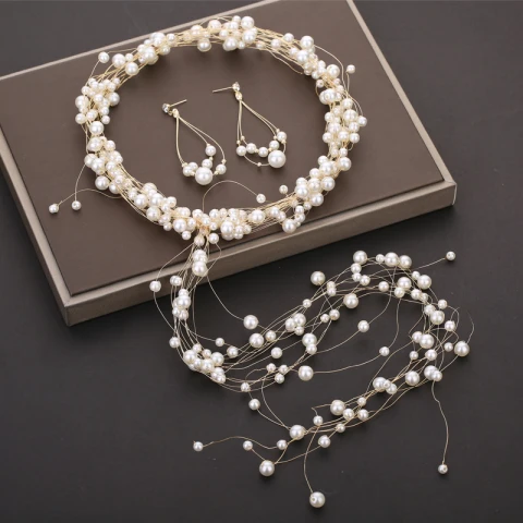 Schöne Gold Brautschmuck 2019 Metall Perle Quaste Kopfschmuck Ohrringe Hochzeit Brautaccessoires