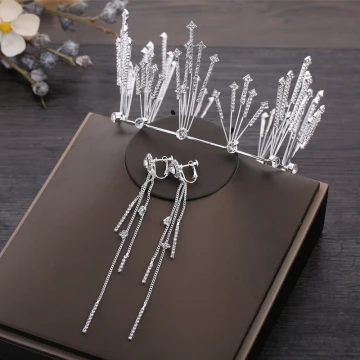Modest Simple Silver Bridal Jewelry 2019 Metal Rhinestone Tiara Tassel Earrings Wedding Accessories