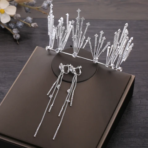 Schlicht Silber Brautschmuck 2019 Metall Strass Diadem Quaste Ohrringe Hochzeit Brautaccessoires