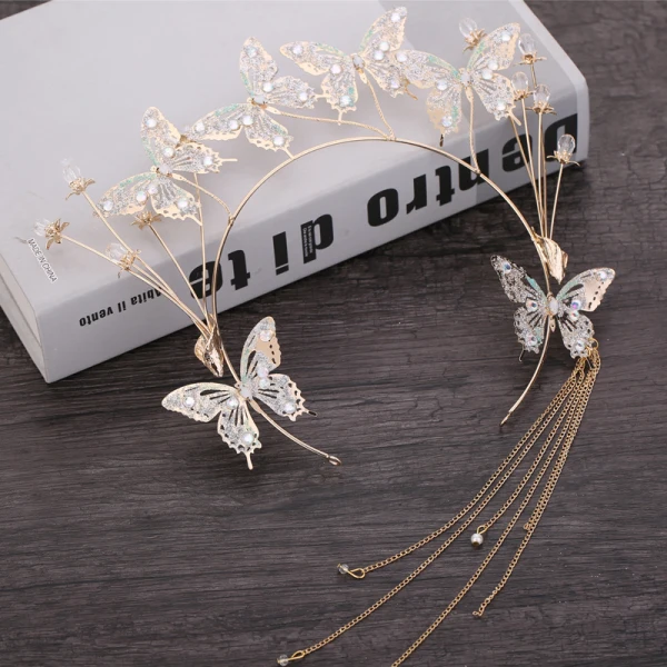 Flower Fairy Gold Bridal Hair Accessories 2019 Metal Butterfly Rhinestone Tassel Headpieces