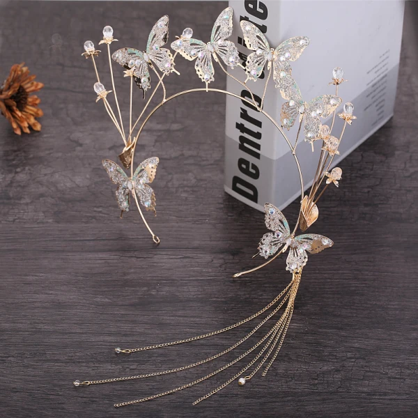 Flower Fairy Gold Bridal Hair Accessories 2019 Metal Butterfly Rhinestone Tassel Headpieces