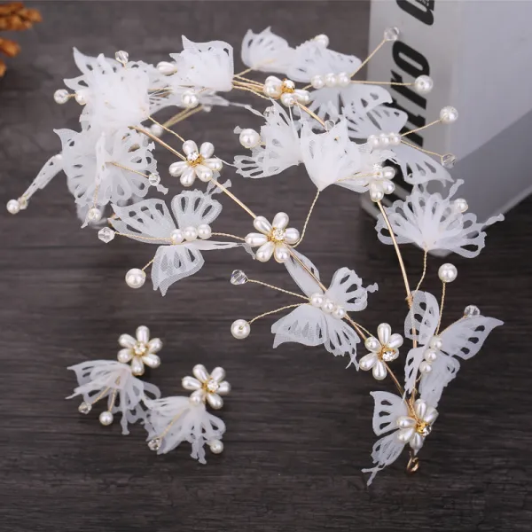 Flower Fairy Gold Bridal Hair Accessories 2019 Metal Butterfly Rhinestone Pearl Headpieces Earrings Wedding Accessories