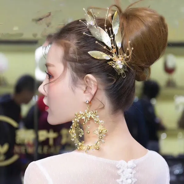 Chic / Beautiful Gold Bridal Jewelry 2019 Metal Leaf Pearl Crystal Headpieces Earrings Wedding Accessories