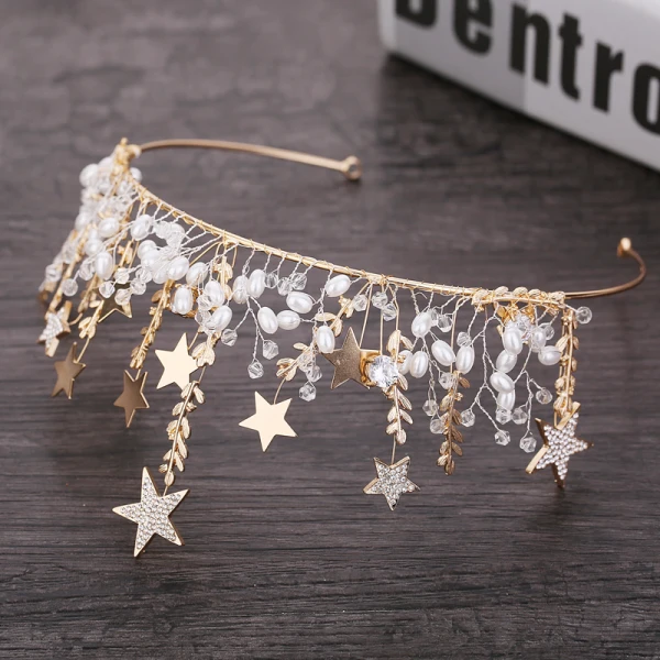 Chic / Beautiful Gold Star Bridal Jewelry 2019 Metal Pearl Crystal Tiara Tassel Earrings Wedding Accessories