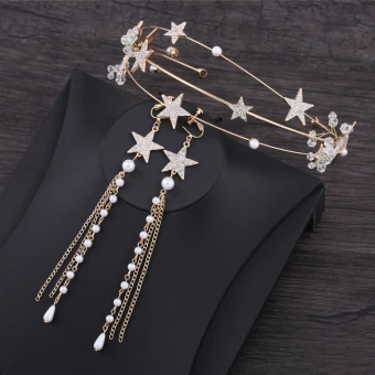 Chic Beautiful Gold Accessories 2019 Metal Star Rhinestone Crystal Pearl Headpieces Tassel Earrings